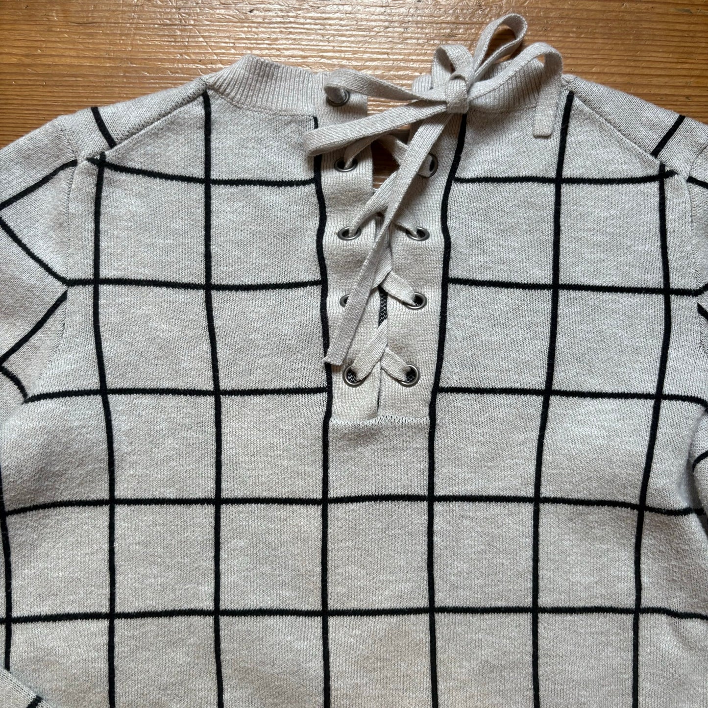 Madewell gray black checkered long sleeve crew lace back sweater SIZE XXS