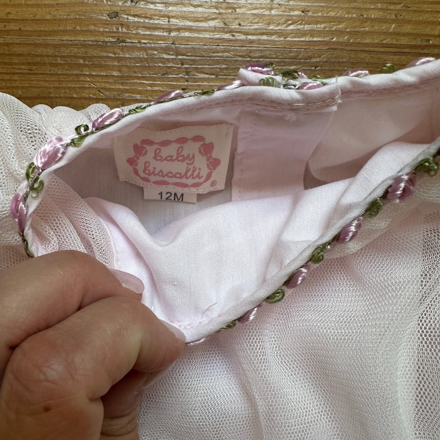 Baby Biscotti light pink tulle floral embroidered flutter sleeve dress SIZE 12M
