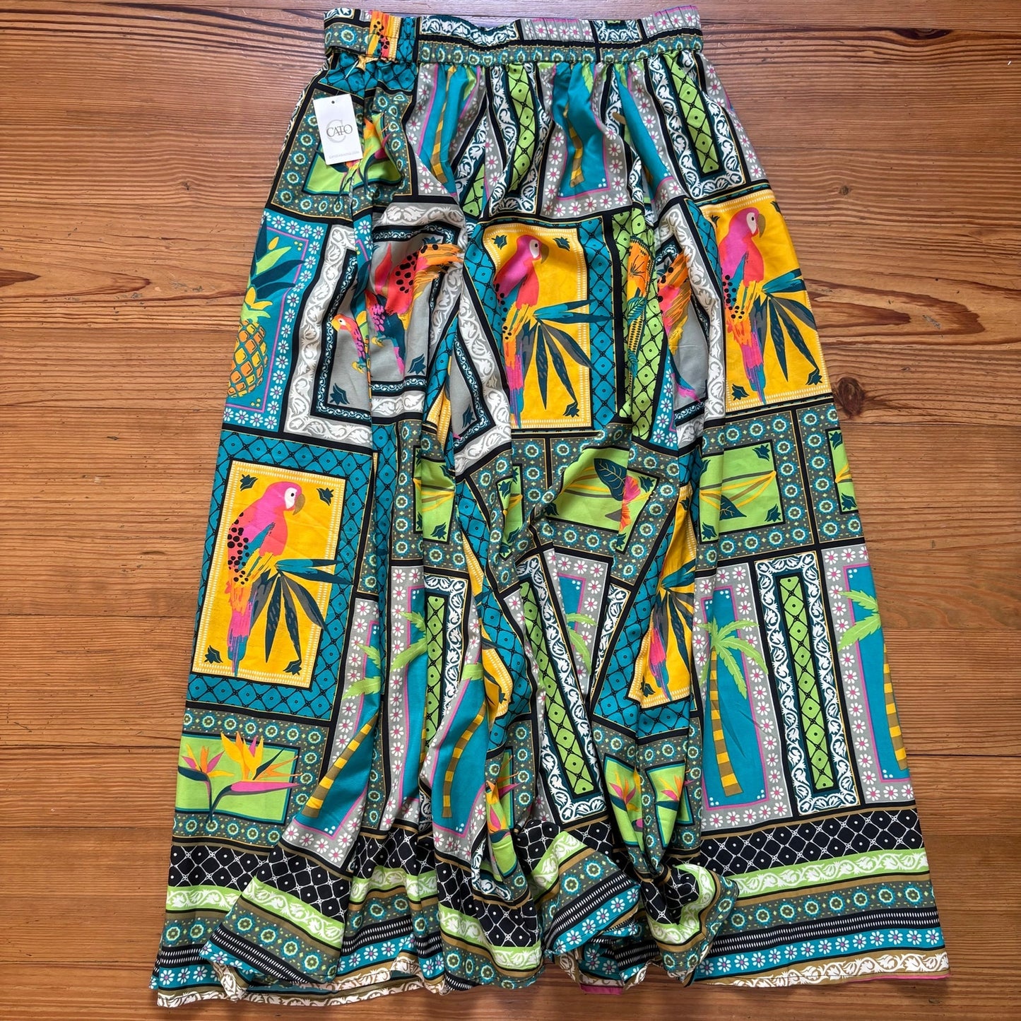 NWT Cato blue green tropical flowy elastic tie waistband maxi skirt SIZE M