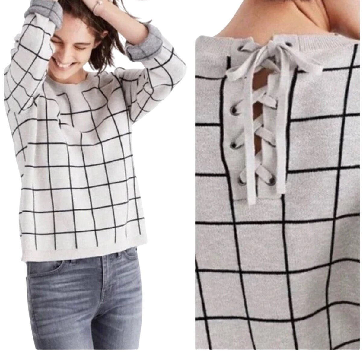 Madewell gray black checkered long sleeve crew lace back sweater SIZE XXS
