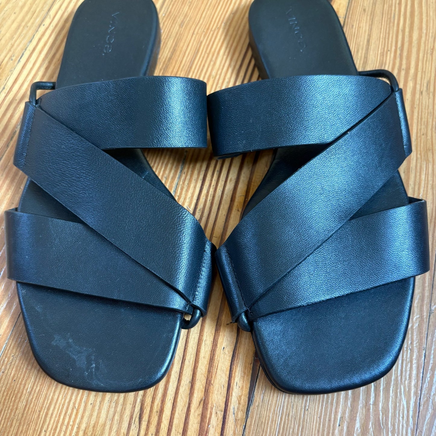 Vince black leather slip on strappy sandals SIZE 9.5M