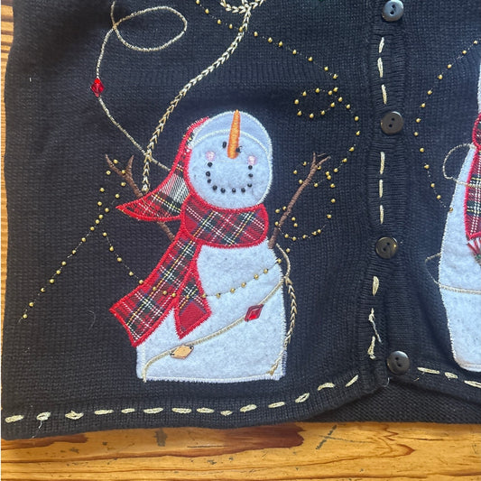 Kim Rogers Christmas holiday snowman knit black button sweater vest SIZE XL