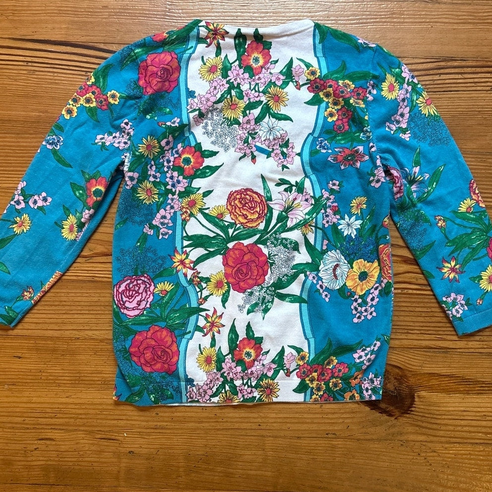 Talbots teal white floral button cardigan sweater SIZE M