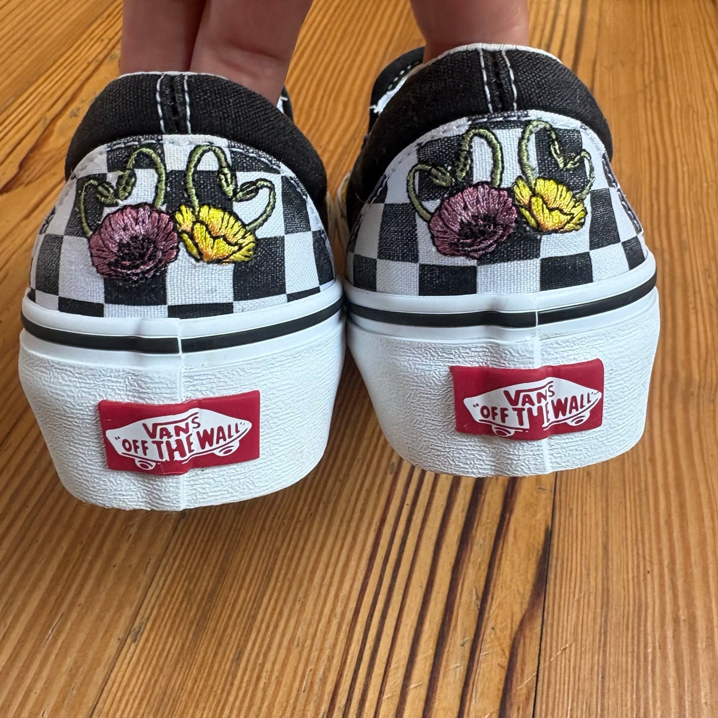 Vans black white checkered floral embroidered low top slip on sneakers SIZE 7