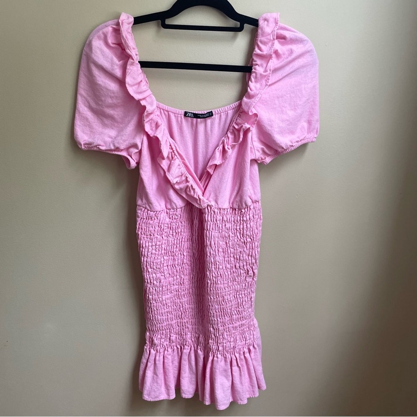 Zara pink linen blend smocked ruffle sleeve midi dress SIZE XS
