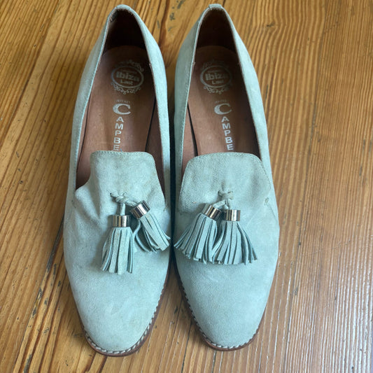 Jeffrey Campbell mint green suede tassel heeled loafers SIZE 9