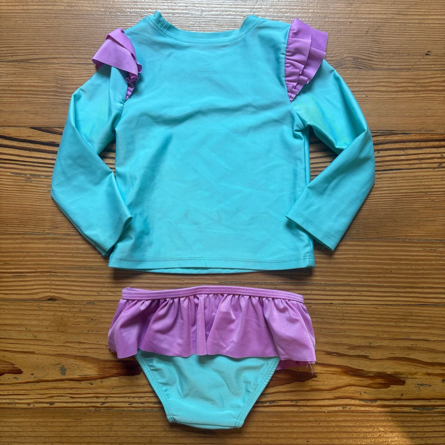 Cat & Jack teal mermaid rash guard two piece ruffle swimsuit SIZE 2T
