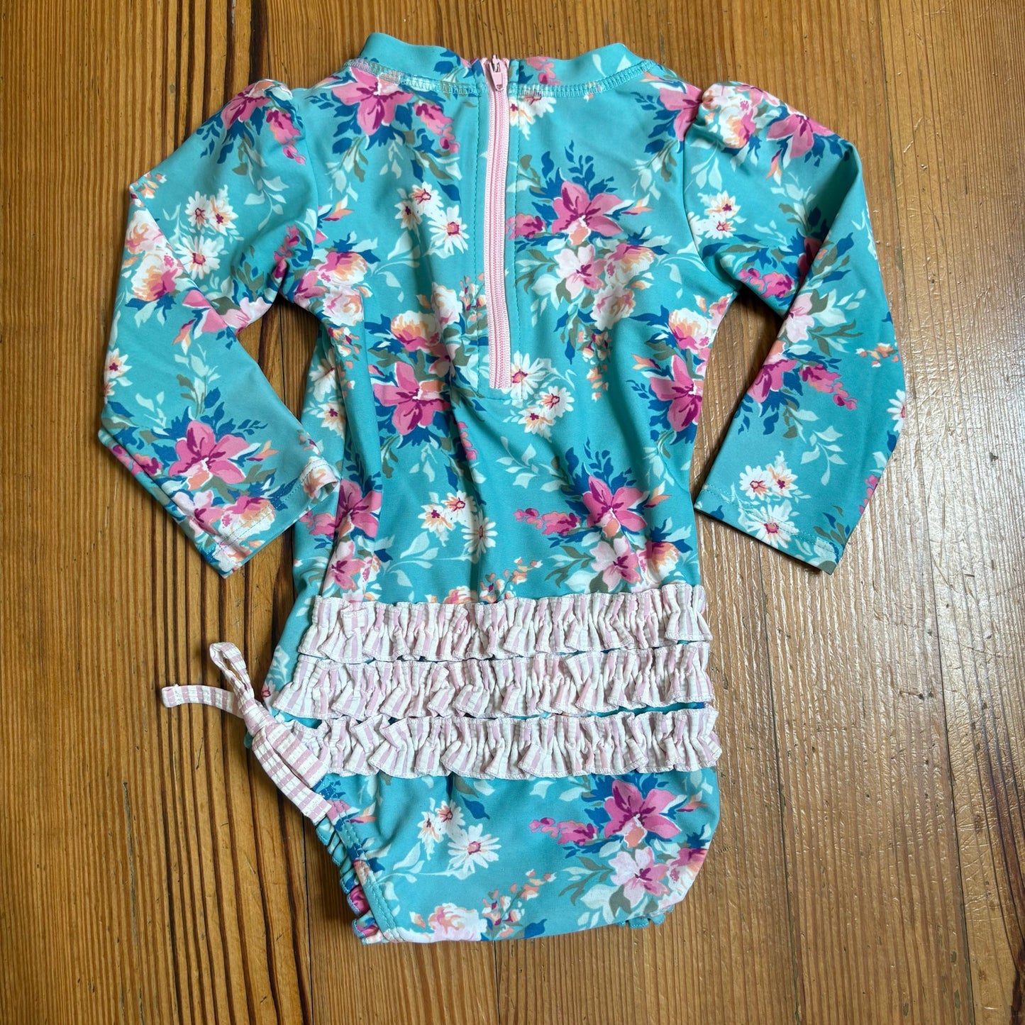 Ruffle Butts blue floral long sleeve rashguard one piece swimsuit SIZE 12-18M