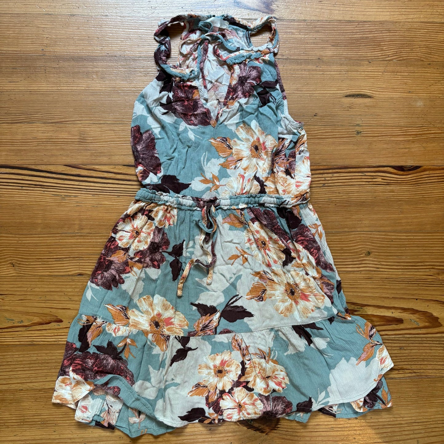 Band of Gypsies blue yellow floral boho ruffle sleeveless dress SIZE L