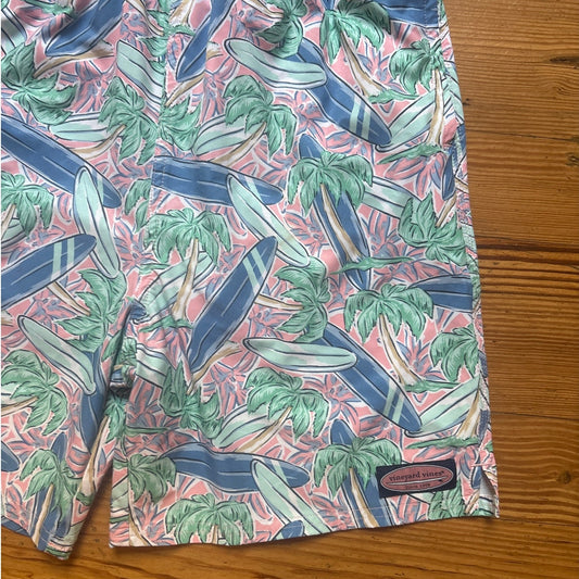 Vineyard Vines Chappy blue pink pastel surfboard palm tree swim trunks SIZE XL