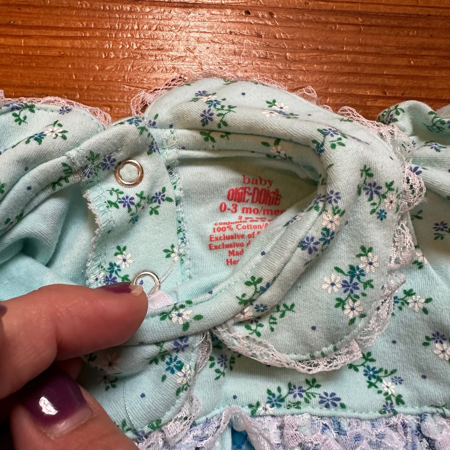 Baby Okie Dokie green blue floral ruffle collar one piece romper SIZE 0-3M