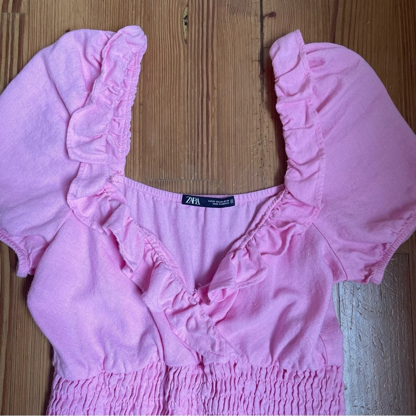 Zara pink linen blend smocked ruffle sleeve midi dress SIZE XS