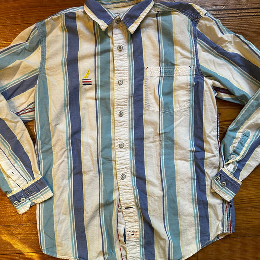 Nautica retro blue white striped button up shirt SIZE M