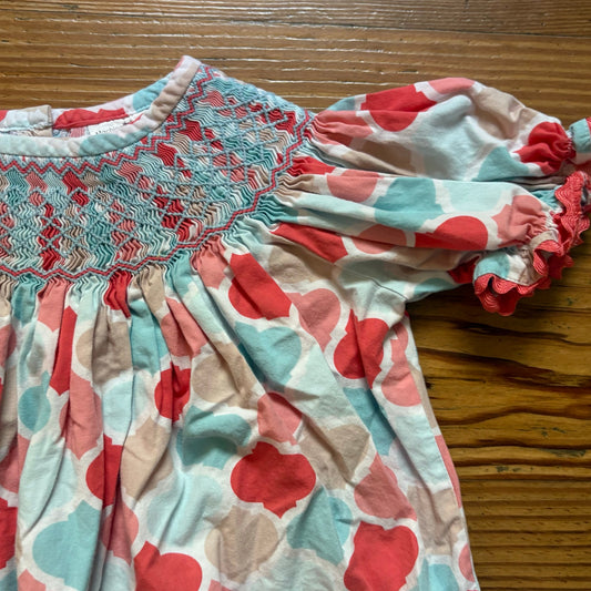 Pink blue cotton geometric smocked short ruffle sleeve girls shirt SIZE 4