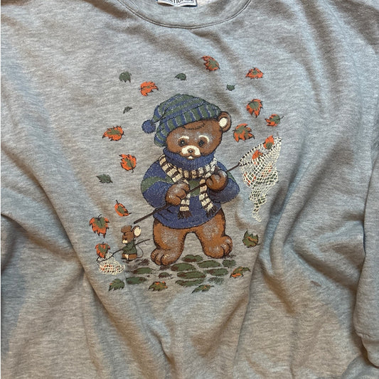 VTG Basic Editions gray bear fall leaves cozy womens crew sweatshirt SIZE M