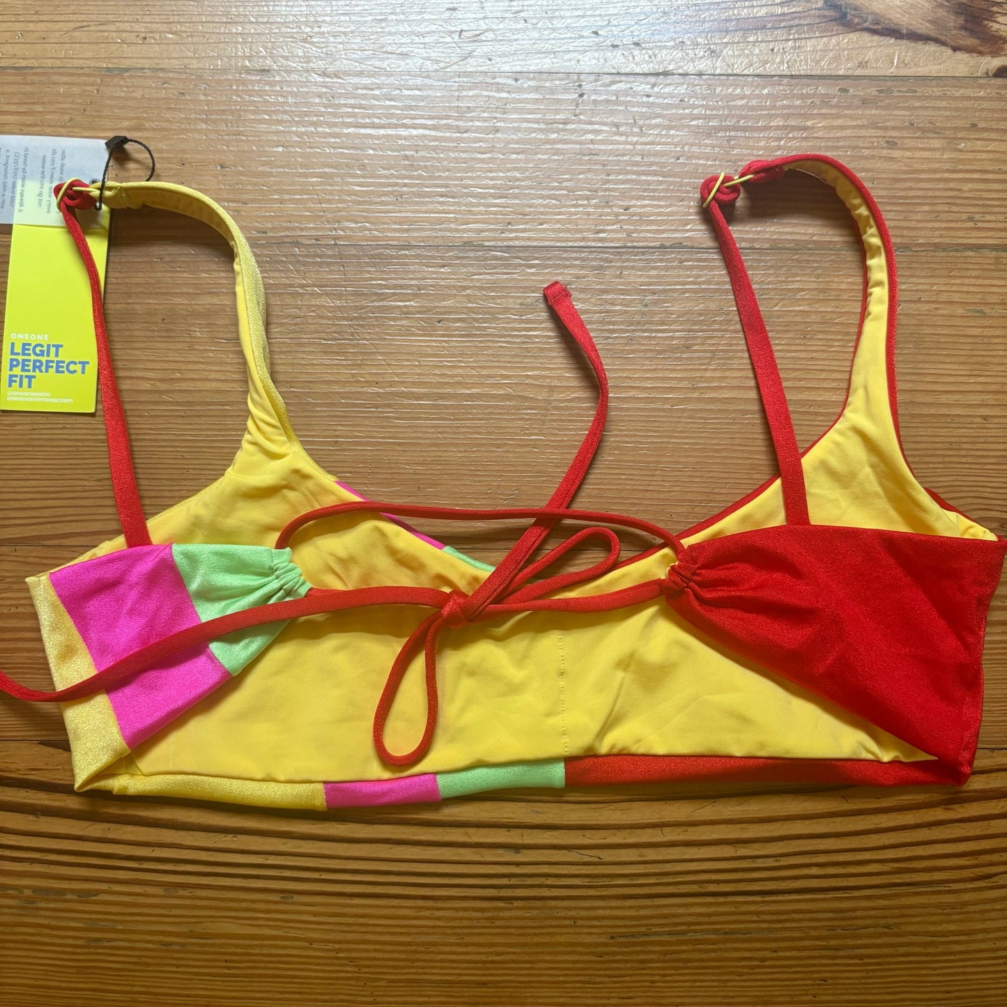 NWT One One red yellow green striped adjustable thong bikini swimsuit SIZE M