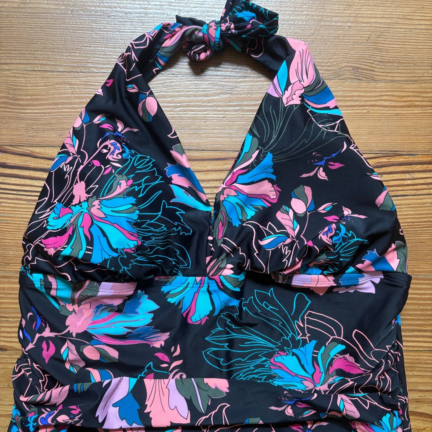 Time and Tru black neon floral padded halter top maternity one piece SIZE XL