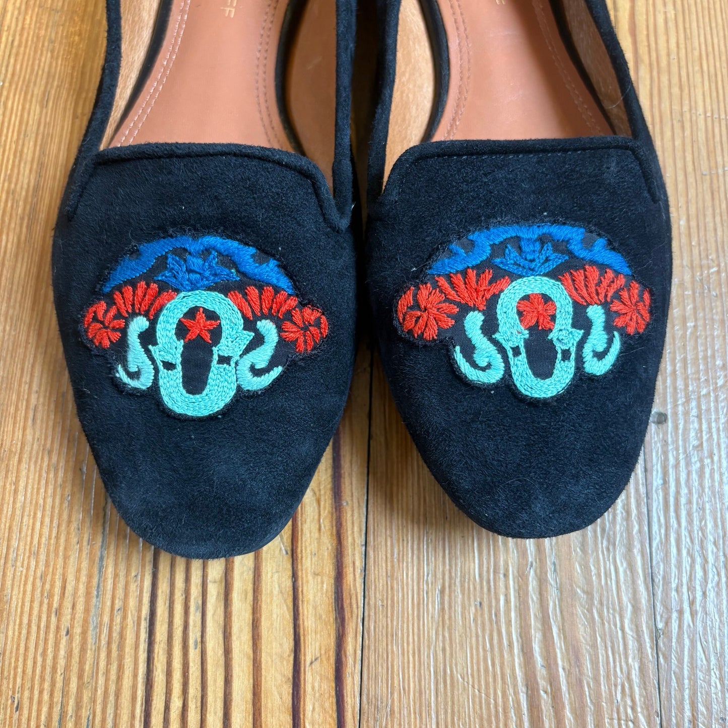 Rebecca Minkoff black suede Aries embroidered slip on flat SIZE 9