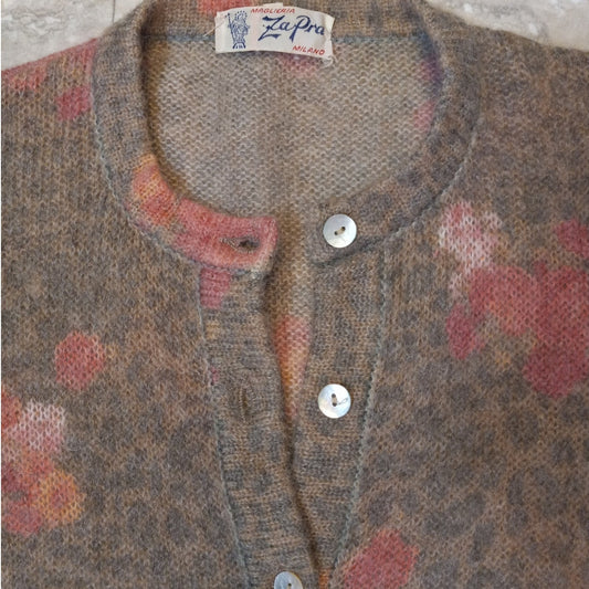 Za Par Made in Italy beige pink floral mohair loose knit cardigan sweater SIZE M