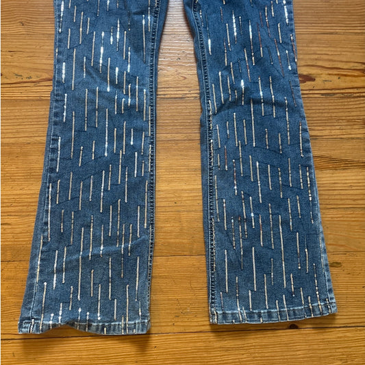 Almost Famous medium wash denim silver sequin boot cut jeans SIZE 11