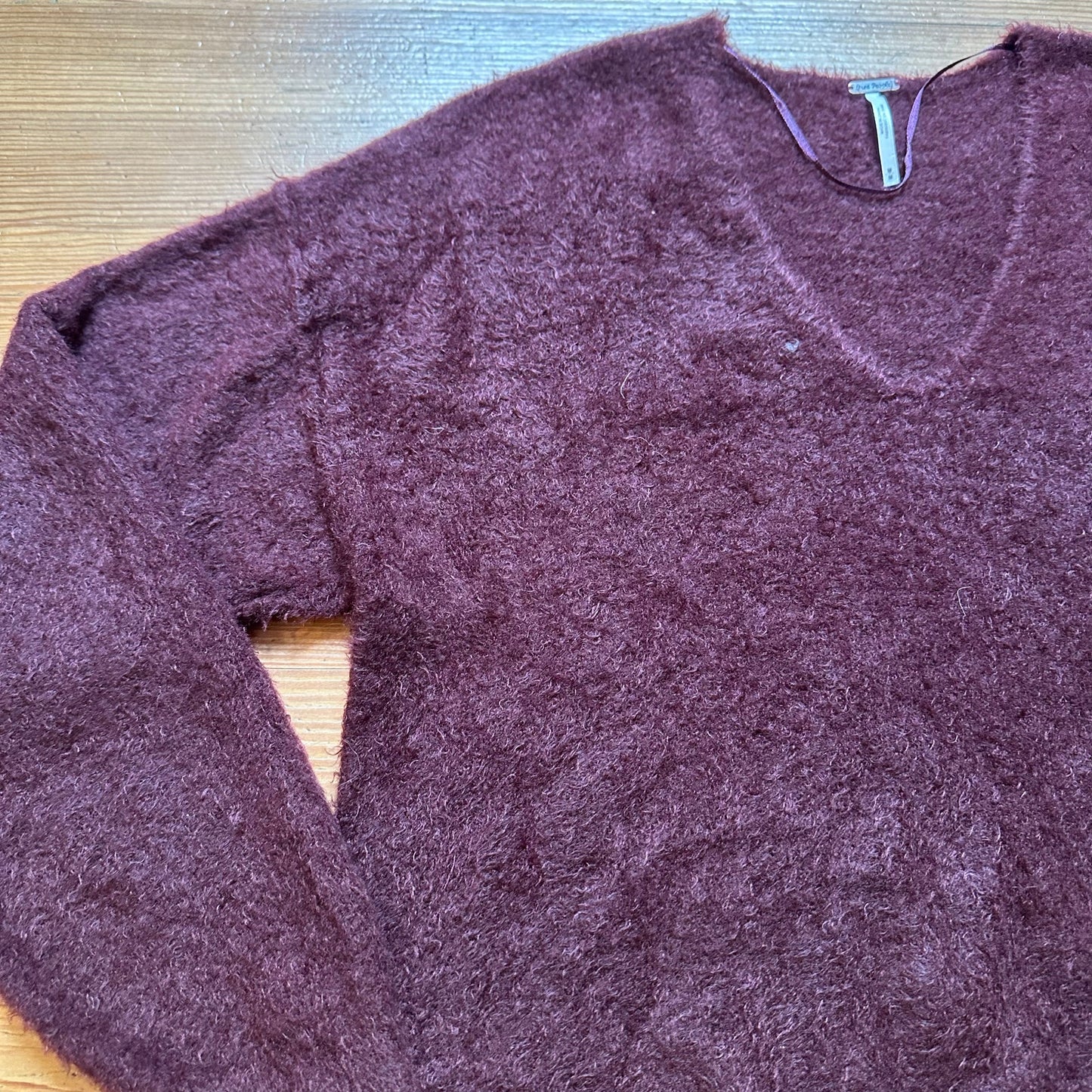 Free People dark red maroon V neck fuzzy pullover oversized sweater SIZE M