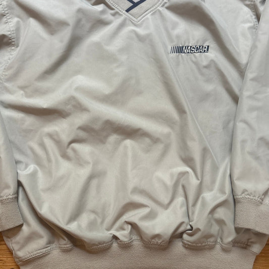 White Bear Clothing Nascar beige blue trim polyester pullover windbreaker SIZE L