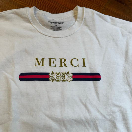 Popular Girl white Merci French graphic crew sweatshirt SIZE XL