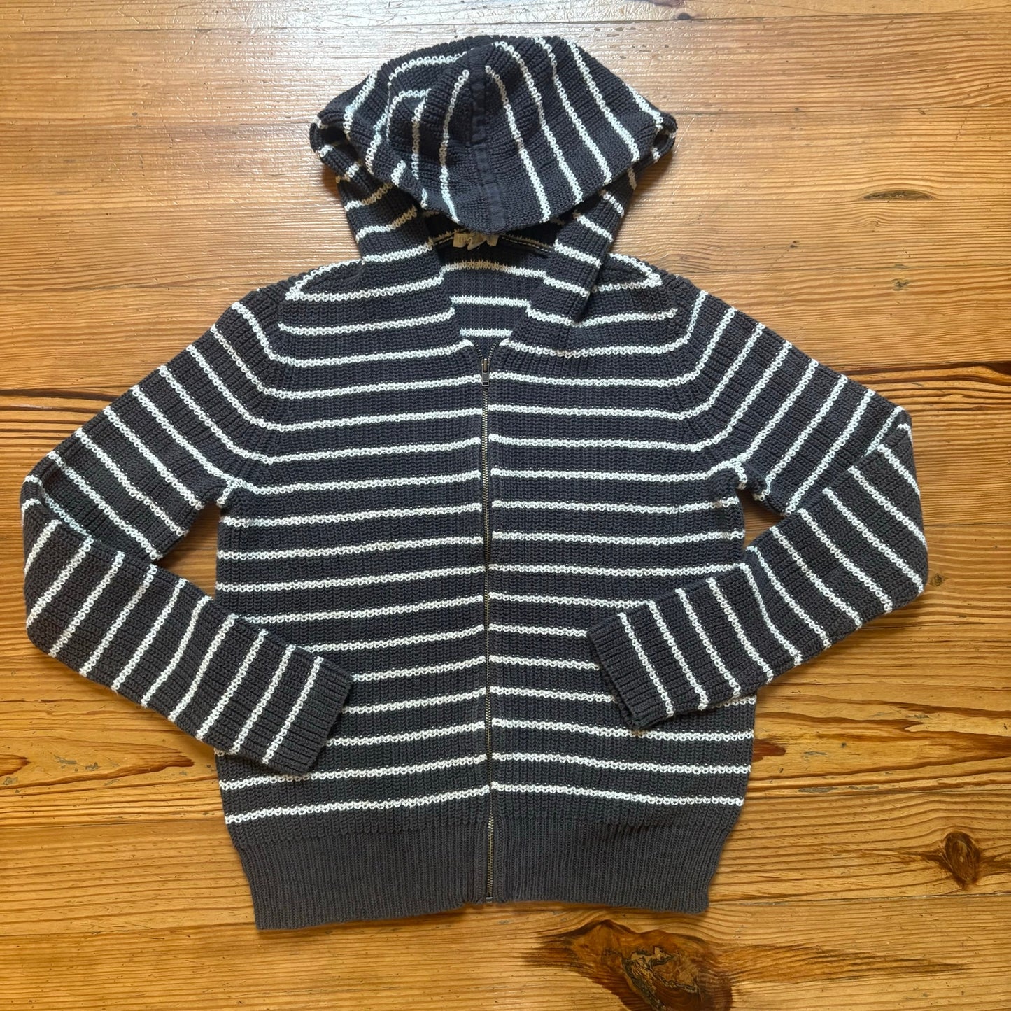 Eileen Fisher gray white striped knit full zip hooded womens sweater SIZE XS