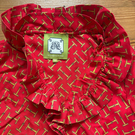 Elizabeth McKay red silk horse ruffle collar long sleeve blouse shirt SIZE 6