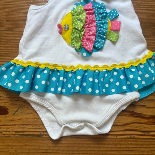 Bonnie Jean white blue polkadot ruffle fish tank baby bodysuit SIZE 3-6M