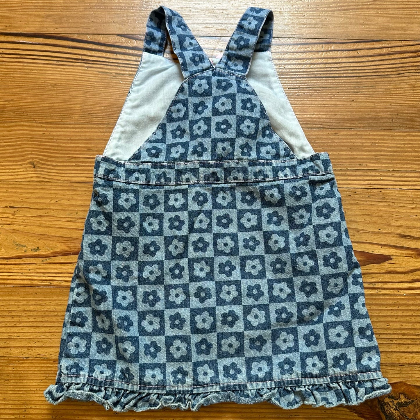 Little Lass blue denim checkered flower overall skirt SIZE 4