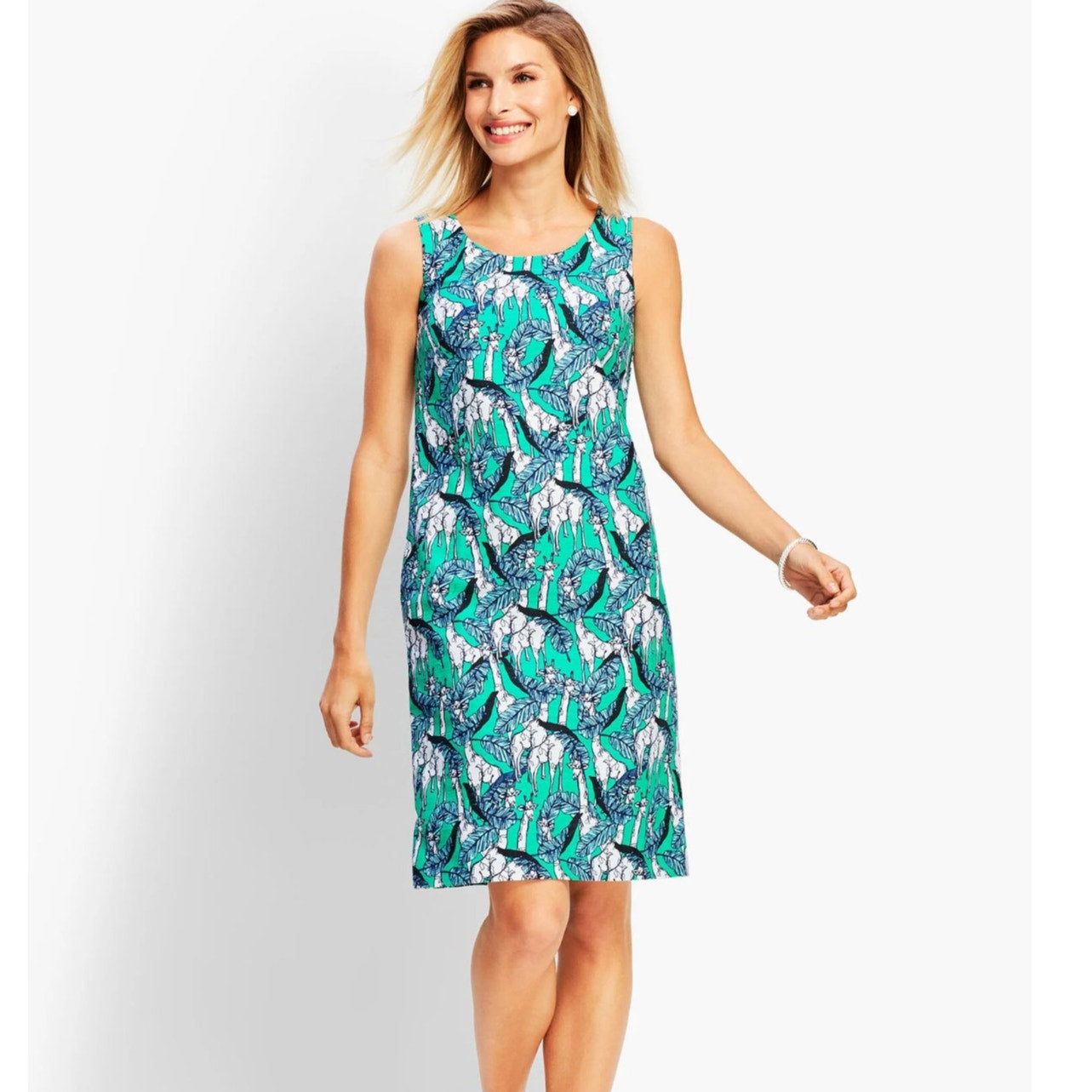 Talbots teal blue giraffe pattern sleeveless shift dress SIZE 12P