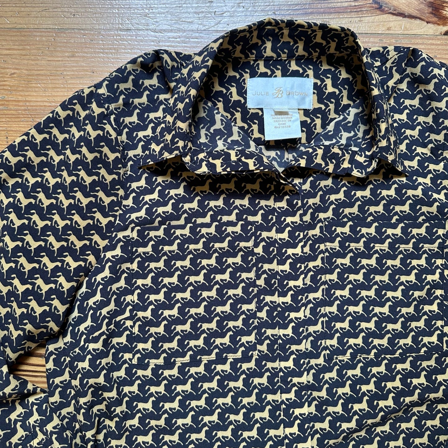 Julie Brown black with cream horse pattern, long sleeve button up shirt SIZE 6
