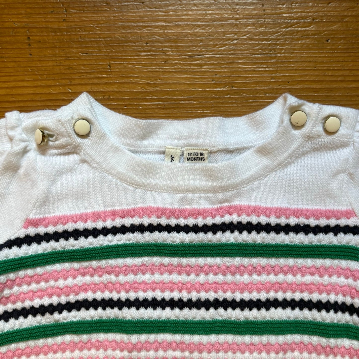 Janie and Jack white pink green striped quarter sleeve baby dress SIZE 12-18