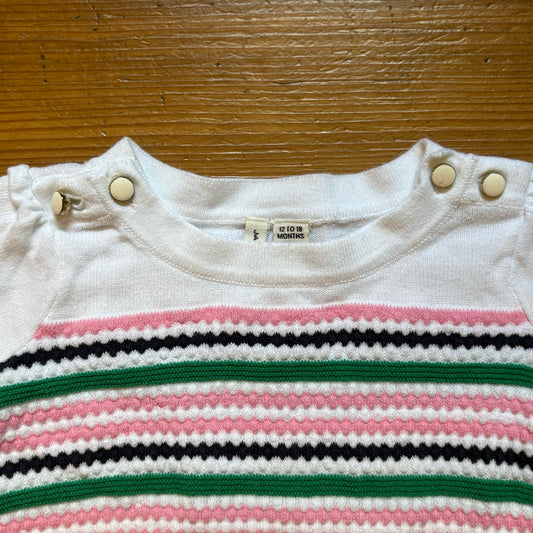 Janie and Jack white pink green striped quarter sleeve baby dress SIZE 12-18