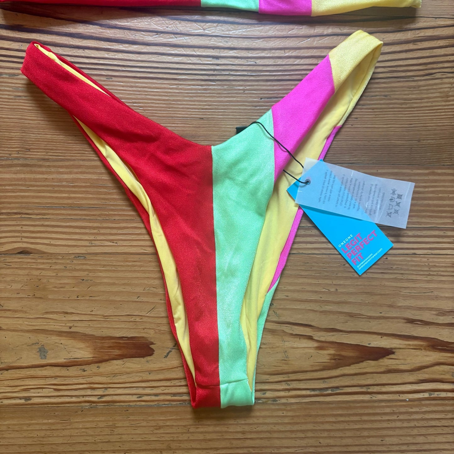 NWT One One red yellow green striped adjustable thong bikini swimsuit SIZE M