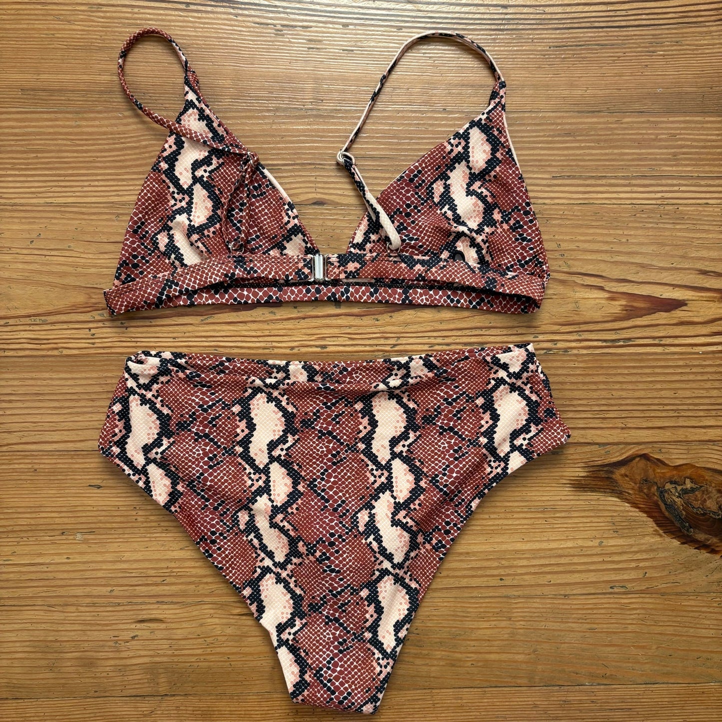 Shein brown cream snake skin high waisted 2 piece swimsuit SIZE L