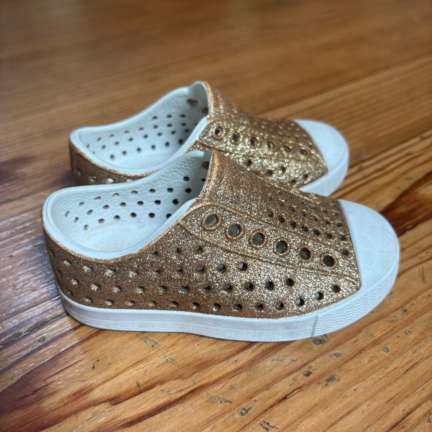 Native gold glitter white sole slip on classic shoes SIZE 5
