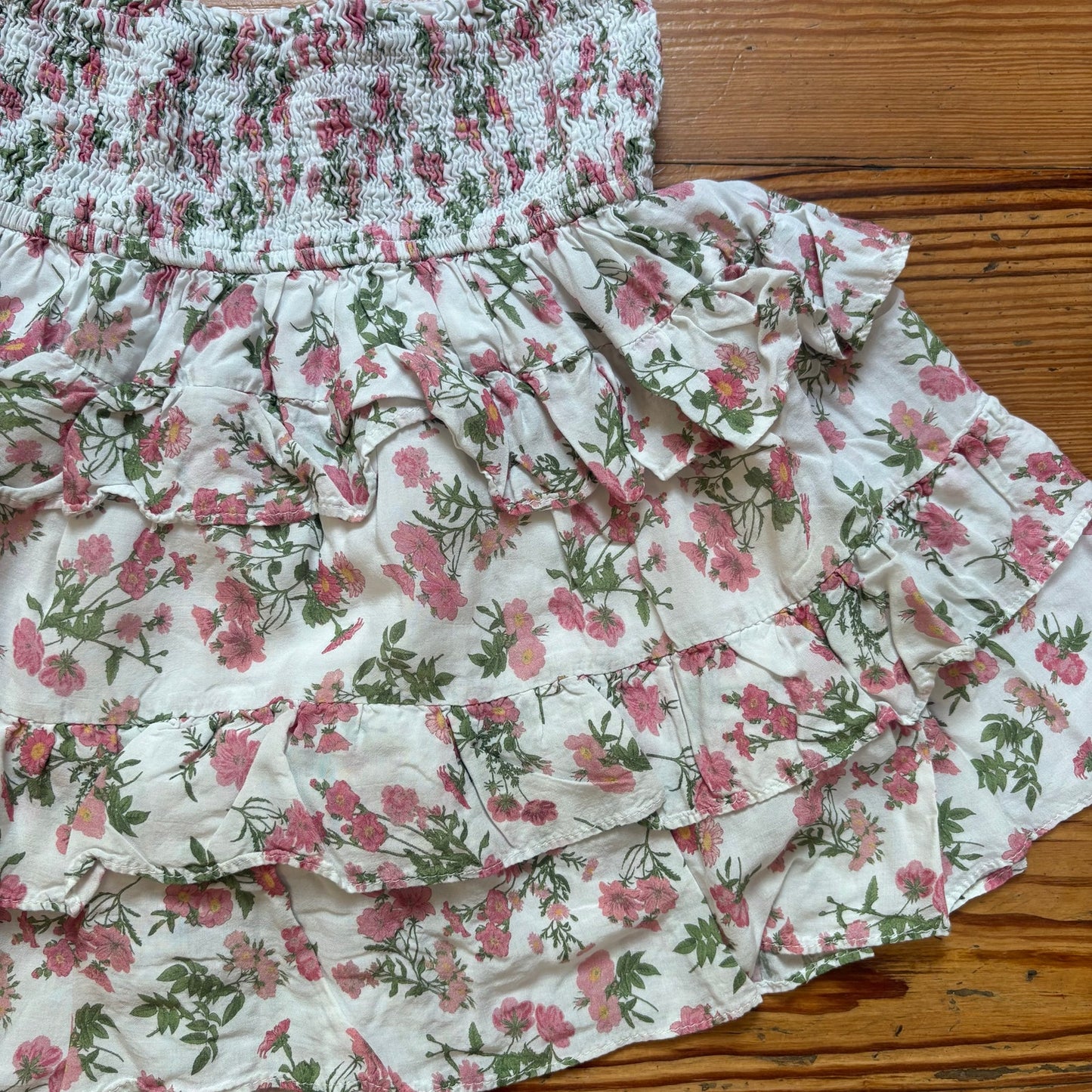 Olivaceous white pink floral ruched smocked tiered ruffle strapless top SIZE M