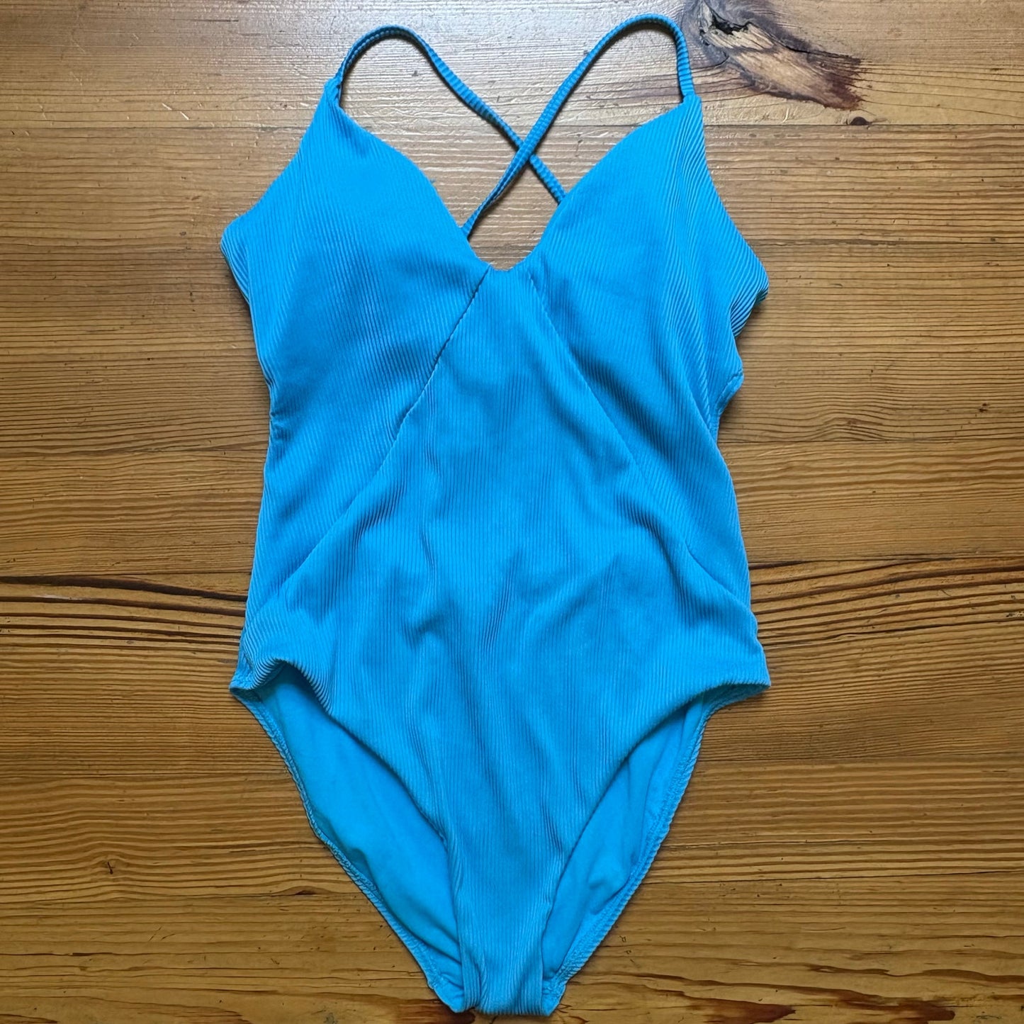 SO aqua blue ribbed lace open back moderate coverage one piece swimsuit SIZE L
