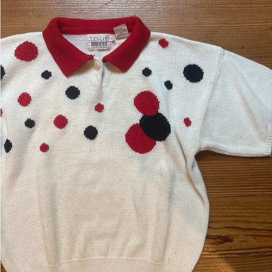 VTG Leslie Fay white black red polka dot collar short sleeve sweater SIZE M
