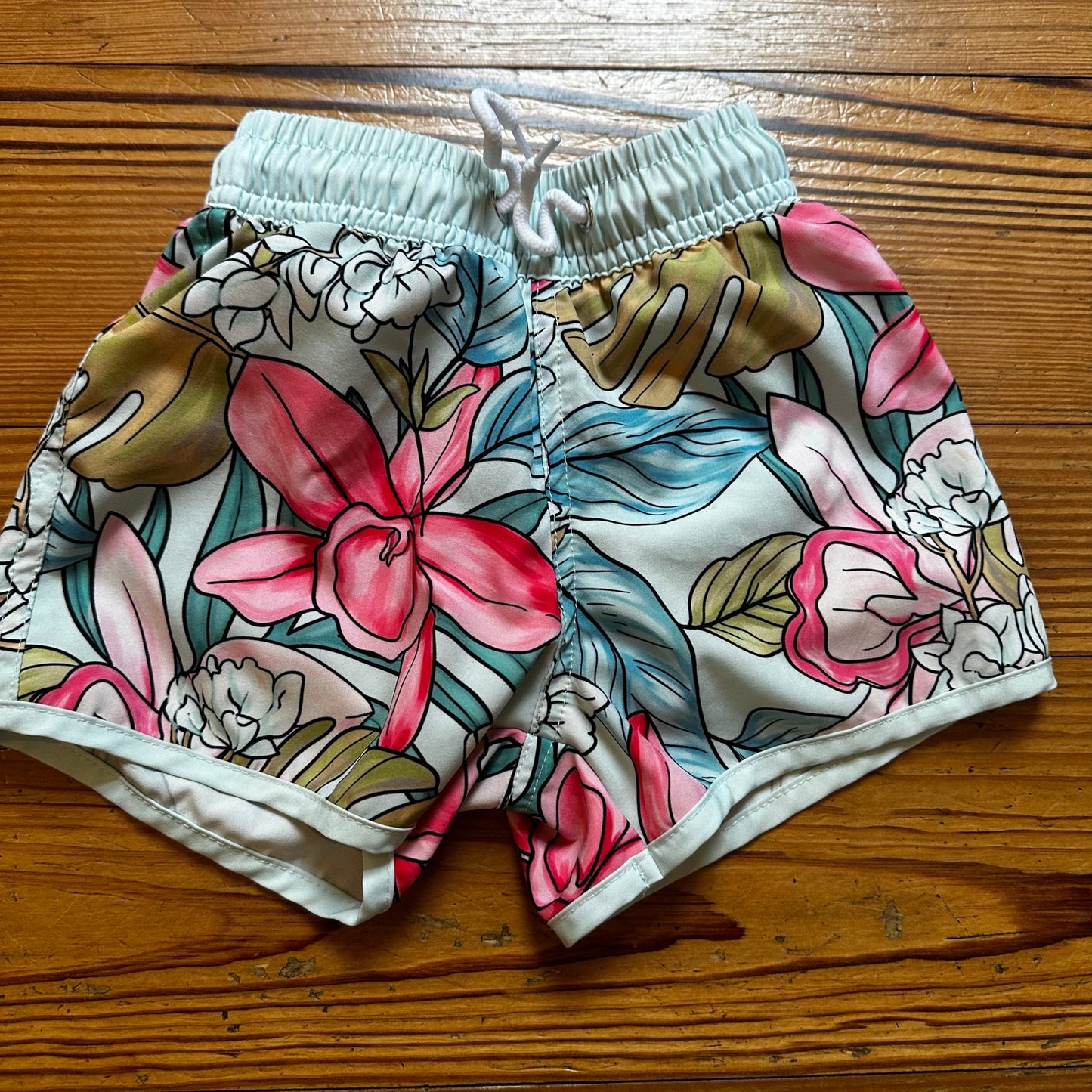 Blueberry Bay light blue Hawaiian floral drawstring swim trunks shorts SIZE 2T