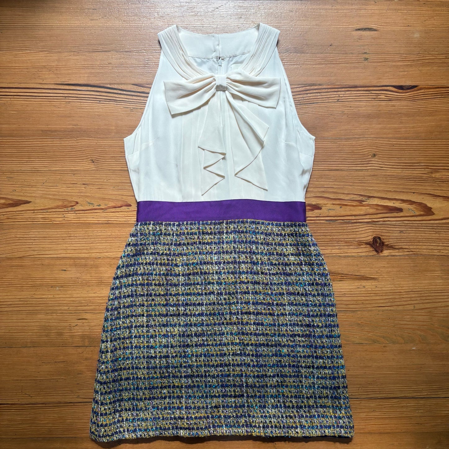 Kate Spade white silk bow purple tweed bottom sleeveless dress SIZE 12