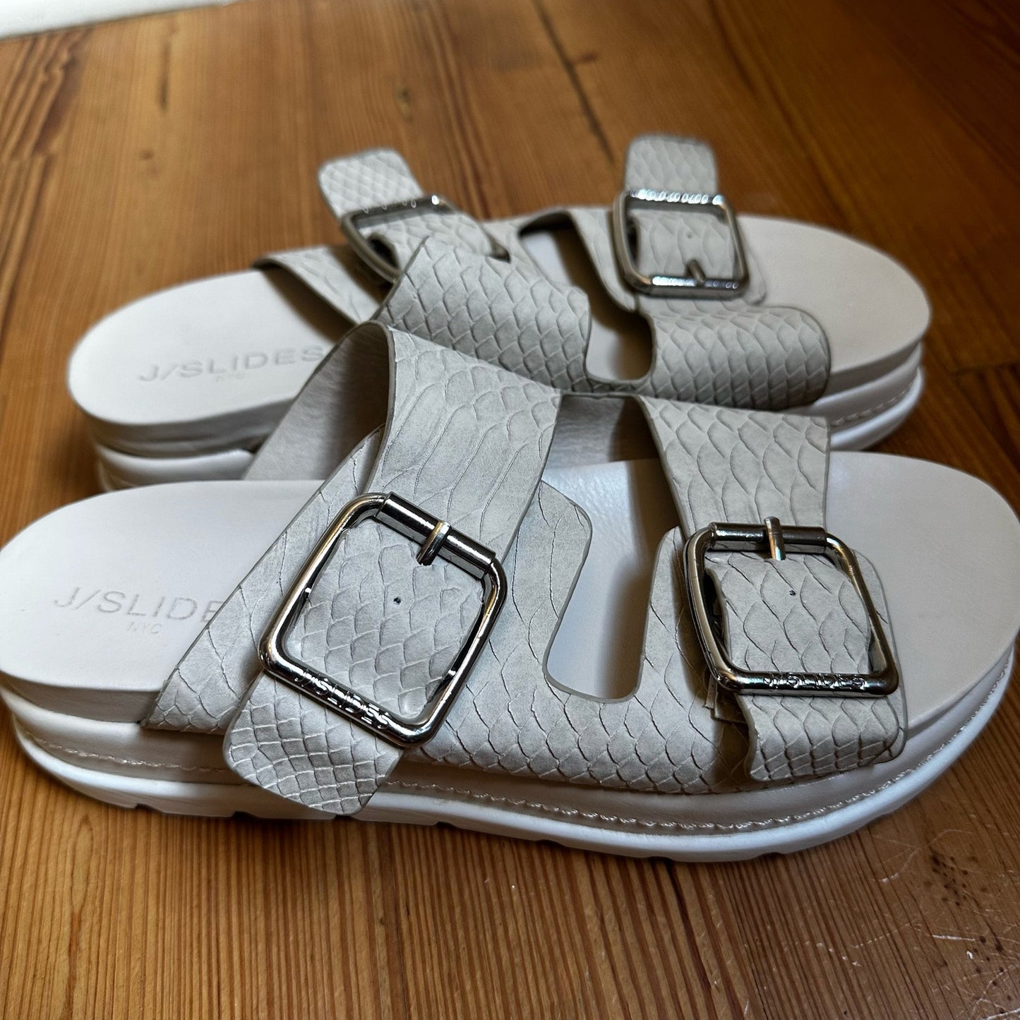J/Slides cream double buckle platform slide sandals SIZE 8.5