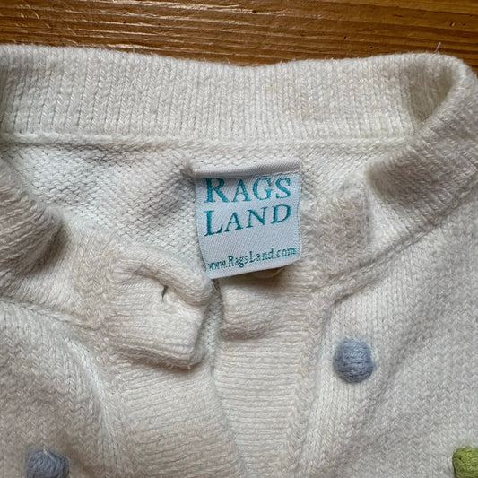 Rags Land vintage white knit pom pom button cardigan sweater SIZE 3
