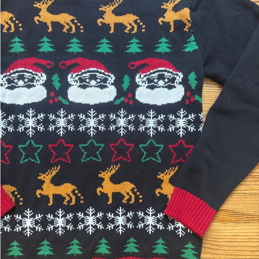 Ugly Christmas Sweater black santa holiday crew pullover sweater SIZE XL
