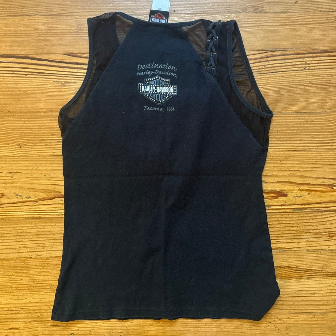 Harley Davidson Tacoma, WA black sheer braided accent shoulder tank SIZE XL
