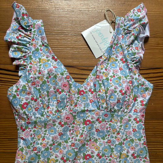 NWT Serendipity white floral ruffle cap sleeve cheeky one piece swimsuit SIZE S