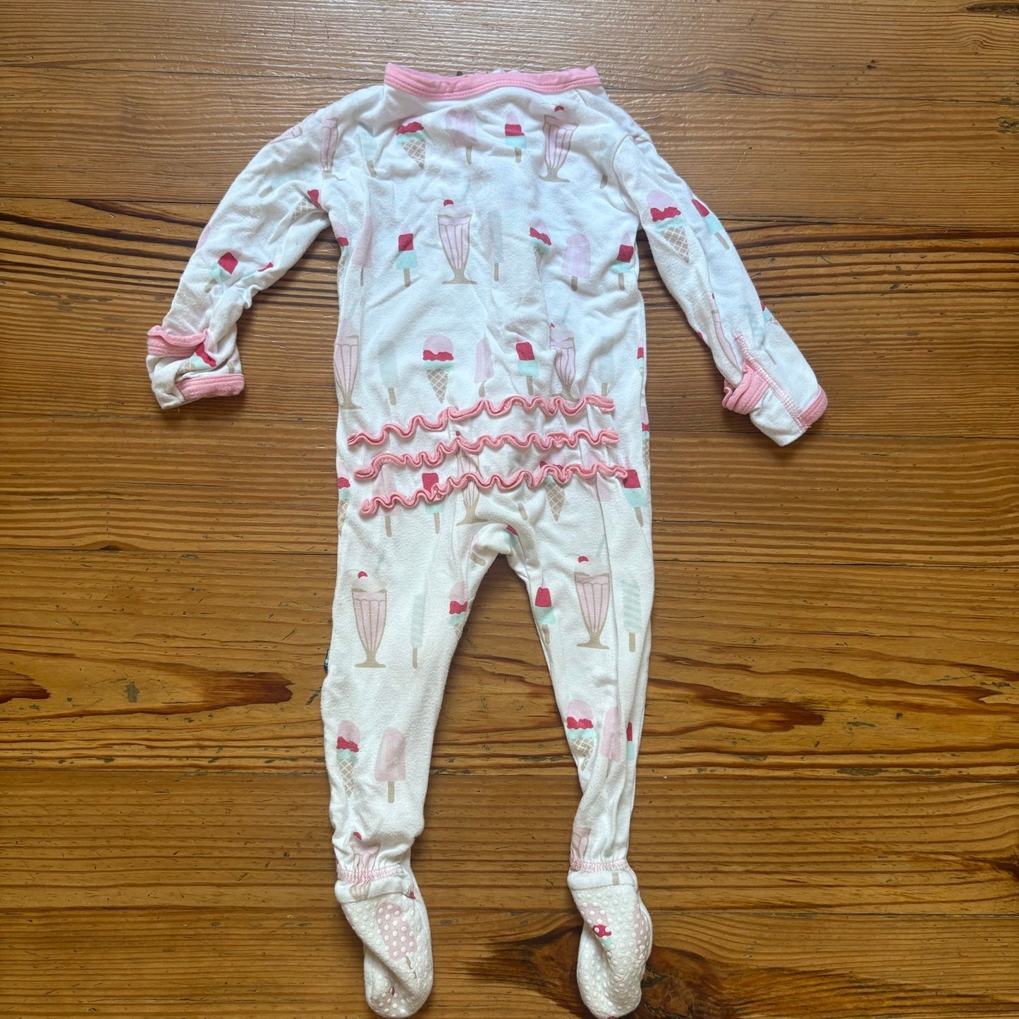 Kickee Pants white pink ice cream full zip bamboo bodysuit pajamas SIZE 6-9M