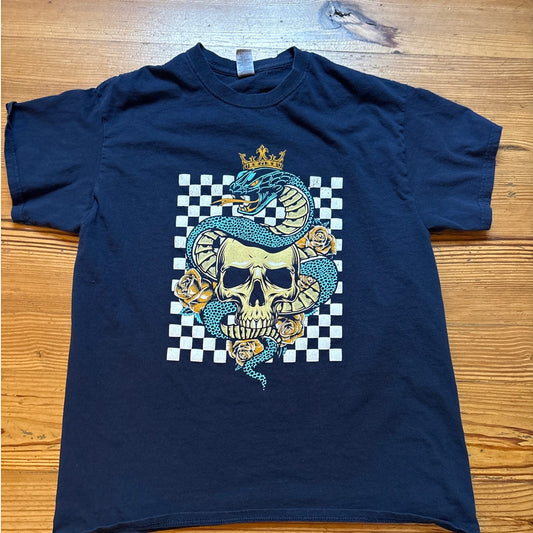Dark blue king cobra and skull checkered short sleeve cotton shirt SIZE L